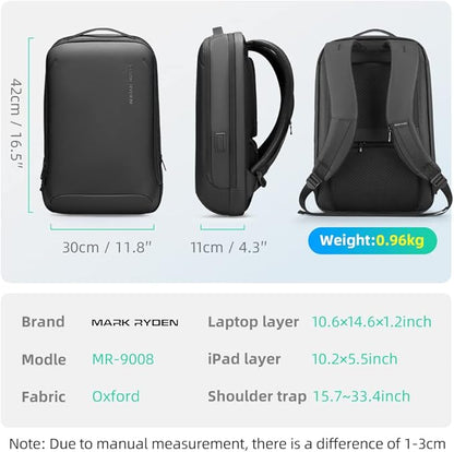 MARK RYDEN Slim Laptop Backpack for Men, High Tech Backpack with Scratch Resistant Shell and USB Charging Port, Waterproof Business Backpack Ideal for Working, Commuting, Daily (20L for 15.6" Laptop)