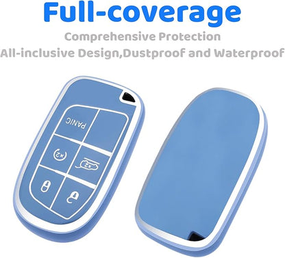 XIYANG TRADE for Jeep Key Fob Cover with Keychain,Soft TPU Key Case Shell Full Protection for Grand Cherokee Renegade Chrysler 200 300 Dodge RAM Durango Challenger Journey Dart Fiat Smart Key (Blue)