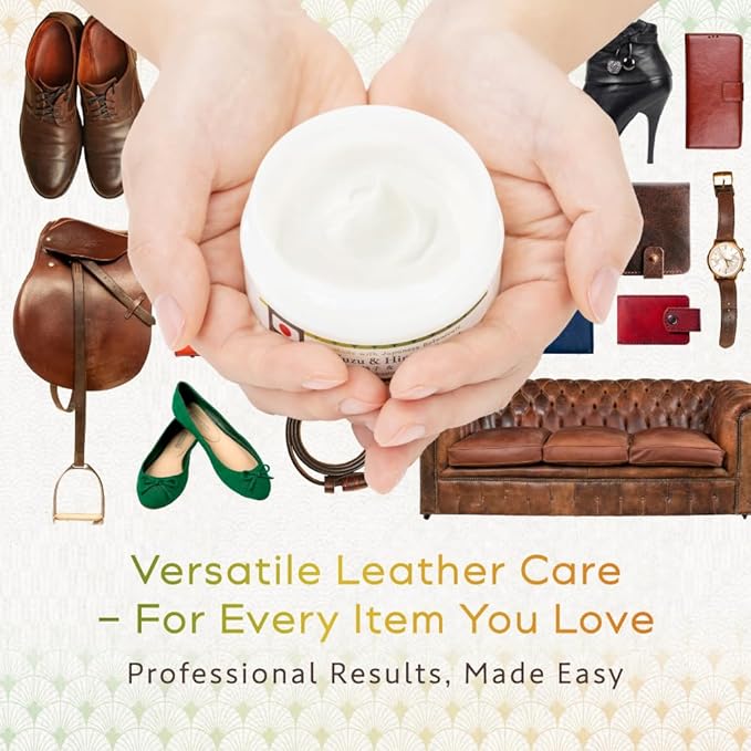 HIBINO | Leather Conditioner for Purses, Bags, Shoes & Furniture | All-in-One Cream to Clean, Restore & Protect | Non-Greasy, Quick-Absorbing Formula | Made in Japan | Yuzu & Hinoki Scent | 80ml