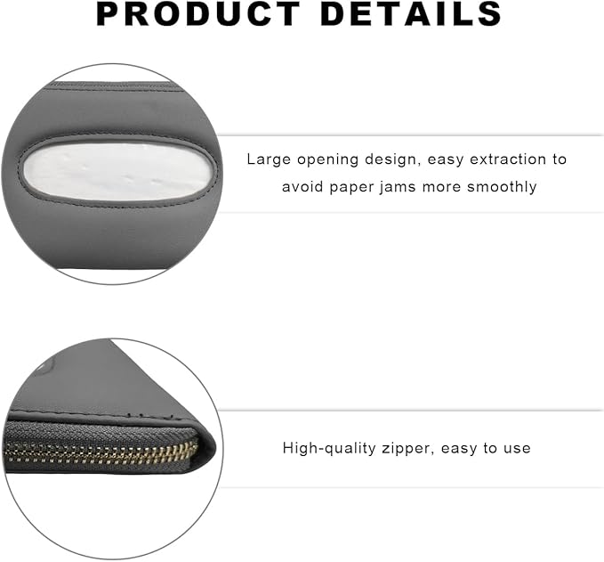 Car Tissue Holder, Sun Visor Napkin Box Premium PU Leather Tissue Case with Zipper, Rectangular Hanging Paper Organizer Mask Dispenser for Sedans SUVs Trucks, Car Accessories (Gray)