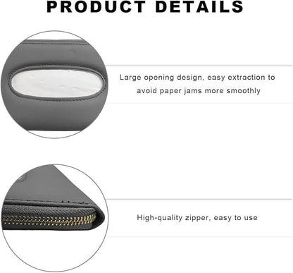 Car Tissue Holder, Sun Visor Napkin Box Premium PU Leather Tissue Case with Zipper, Rectangular Hanging Paper Organizer Mask Dispenser for Sedans SUVs Trucks, Car Accessories (Gray)