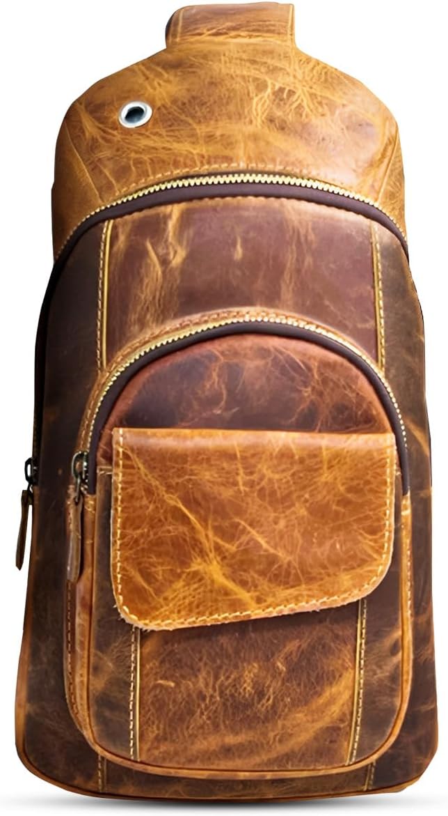 The Tannery Handmade Buffalo Leather Multipurpose Travel Hiking Crossbody Chest Backpack with Adjustable Shoulder Strap, Thanks Giving (Brown, Large)