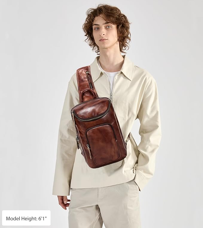 LANNSYNE Vintage Full Grain Leather Sling Bag Crossbody Chest Daypack | Vintage, Full Grain, Leather, Chest