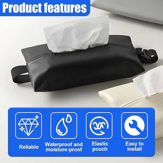 YoRise Car Tissue Holder, PU Leather Car Napkin Holder with Adjustable Strap, Center Console Tissues Box Cover, Sun Visor Organizer Keep Auto Tidy, Vehicle Headrest Storage Accessories (Black)