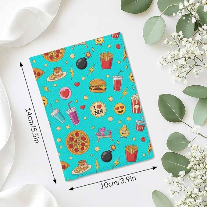 Fast Food Icons Passport Holder for Travel Fashion Popcorn Patches Pattern PU Leather Passport Cover Wallet Cute Passport Card Holder for Women and Men