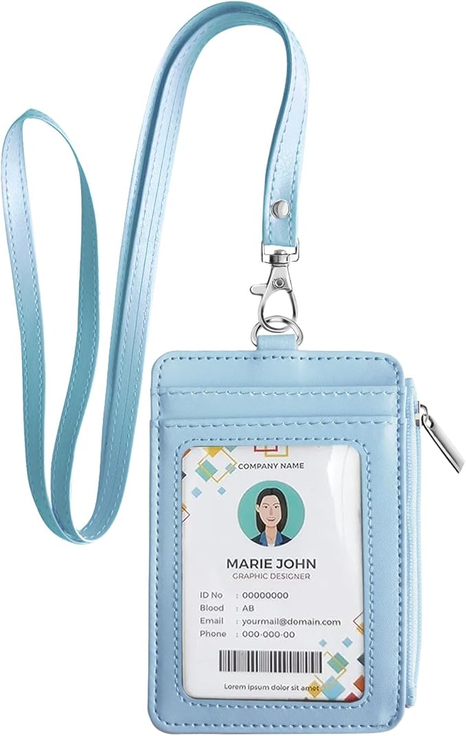 Bolimoss 2-in-1 ID Badge Holder & Lanyard Wallet, Credit Card Holders with Breakaway Neck Lanyard, Leather ID Name Badge 5 Card Slots Zipper Purses for Offices, School, Driver Licence, Baby Blue