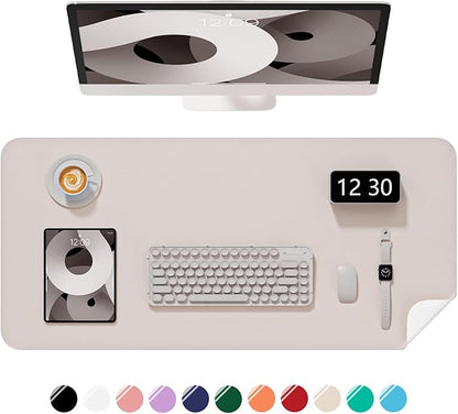 Desk Pad, 23.6" x 13.8" PU Leather Non-Slip Desk Mat Large Mouse Pad for Desktop, Waterproof Laptop Computer Writing Mat for Office, Home, Work, Gaming, Beige Gray