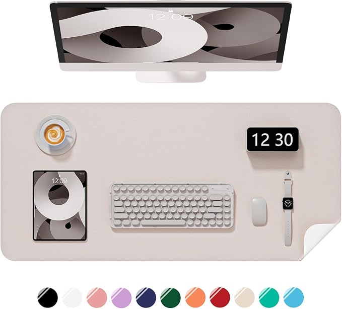 Desk Pad, 35.5" x 17" PU Leather Non-Slip Desk Mat Large Mouse Pad for Desktop, Waterproof Laptop Computer Writing Mat for Office, Home, Work, Gaming, Beige Gray