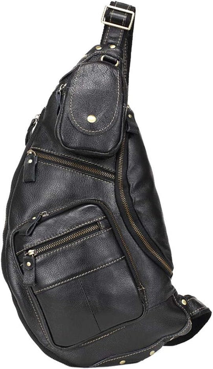 Hebetag Vinatge Leather Sling Bag Crossbody Backpack for Men Travel Outdoor Hiking Large Cool Shoulder Chest Pack Bags Daypack