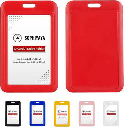 6 Pack Sliding ID Badge Holder - Heavy Duty Hard Plastic Sleeve Secures Work ID, Key Card, Credit Cards for Office, Factory, Hospital & School (Red)