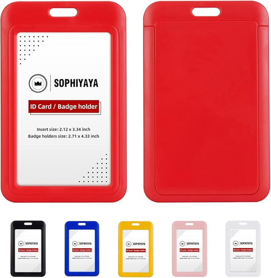 2 Pack Sliding ID Badge Holder - Heavy Duty Hard Plastic Sleeve Secures Work ID, Key Card, Credit Cards for Office, Factory, Hospital & School (Red)