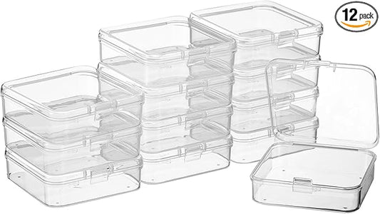 SATINIOR 12 Pack Clear Plastic Beads Storage Containers Box with Hinged Lid for Beads and More (2.52 x 2.52 x 0.79 Inch)
