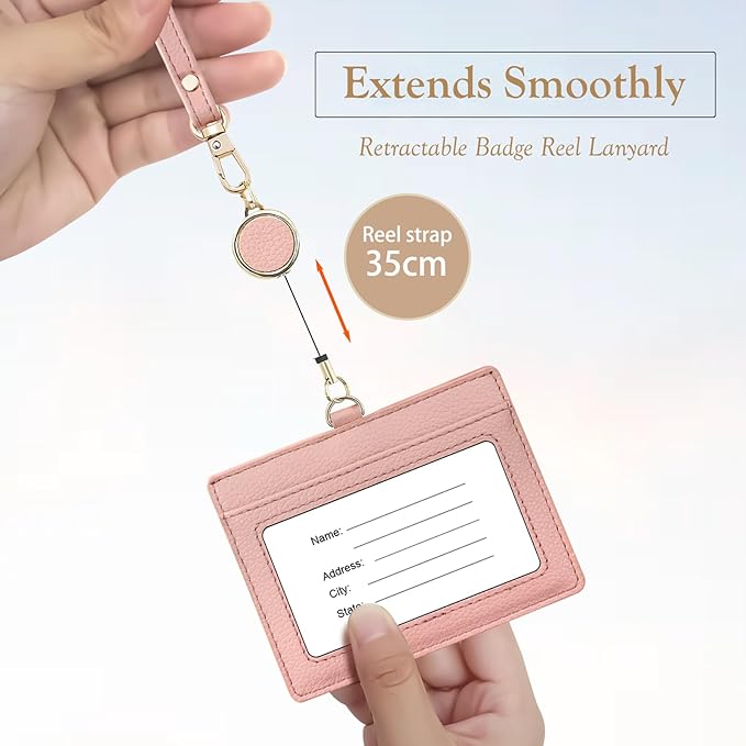 Office Badge Holder - Boshiho Genuine Leather Credit ID Card Holder with Stretch Neck Lanyard and Pen Clip, Gift Box (Horizontal-Pink)