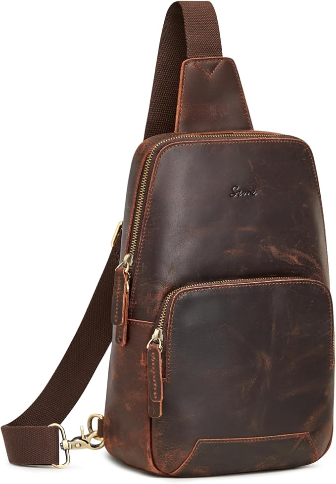 S-ZONE Sling Bag for Men Women RFID Blocking Genuine Leather Crossbody Shoulder Bag Backpack Hiking Daypack Travel | RFID Blocking, Genuine Leather, Hiking Daypack, Travel