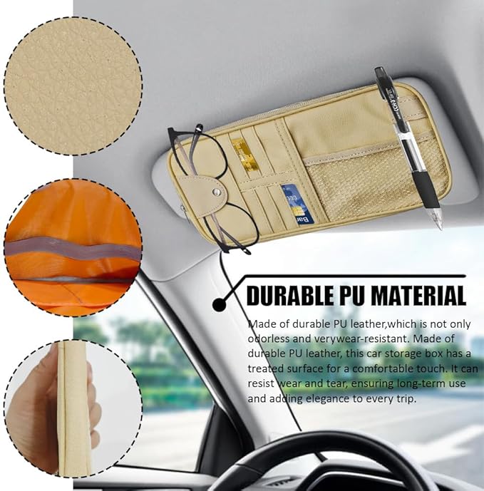 Car Sun Visor Organizer, Auto Accessories Sunglass Holder for Car, Multi-functional Sun Organizer Storage Bag, General Motors Interior Parts Storage Bags are Fit for Cars, SUVs, Trucks (Beige)