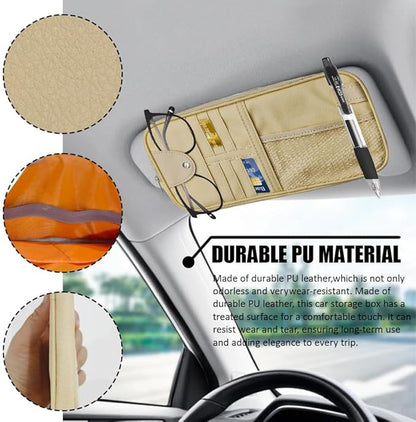 Car Sun Visor Organizer, Auto Accessories Sunglass Holder for Car, Multi-functional Sun Organizer Storage Bag, General Motors Interior Parts Storage Bags are Fit for Cars, SUVs, Trucks (Beige)