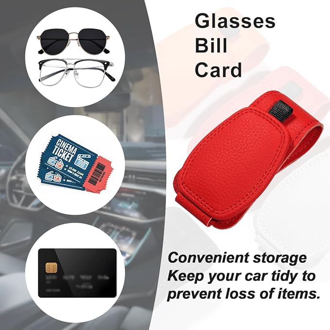 Zpana Sunglasses Holders for Car Sun Visor, Leather Magnetic Vehicle Sun Glasses Ticket Card Hanger Clip, Automotive Interior Eyeglass Mount Accessories, Universal for SUV Sedan Truck (Red)