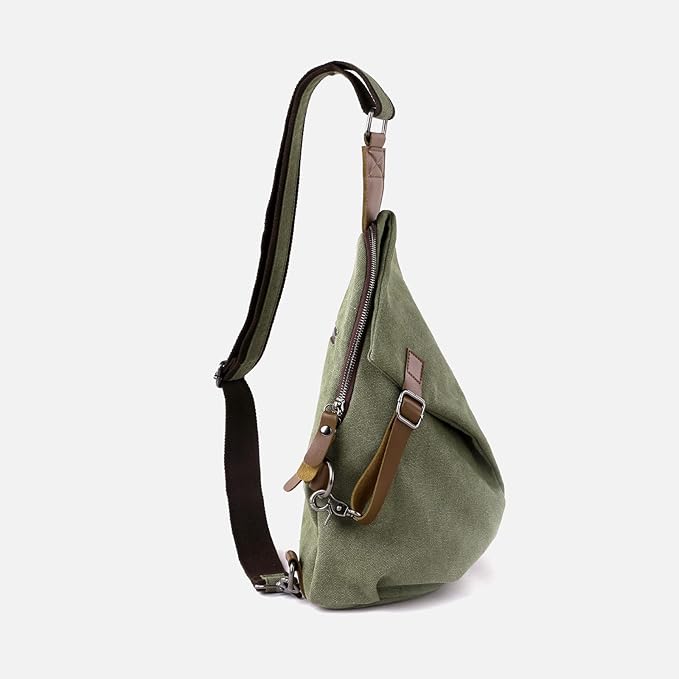 MOYYI Canvas Sling Bag for Men Women, 10L Crossbody Bag Small Backpack, Casual Daypack with Anti-Theft Pocket, Vintage Canvas Shoulder Bags for Travel, Daily, Hiking, Work (Green)