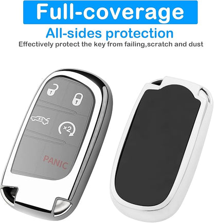 XIYANG TRADE for Jeep Key Fob Cover with Keychain,Soft TPU Key Case Shell Full Protection for Grand Cherokee Renegade Chrysler 200 300 Dodge RAM Durango Challenger Journey Dart Compass Charger(Silver)