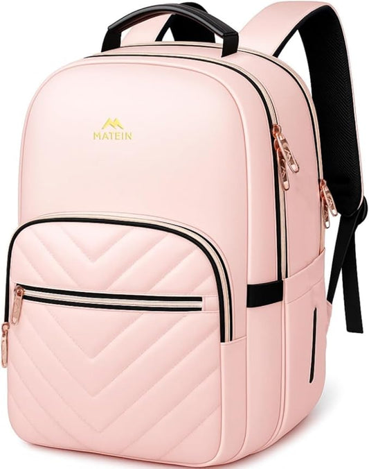 MATEIN College Backpack with Laptop Compartment, Water Resistant Girls Backpack, Cute Bookbag with Multiple Compartments, 17 inch Quilted Casual Daypack for Women, Pink