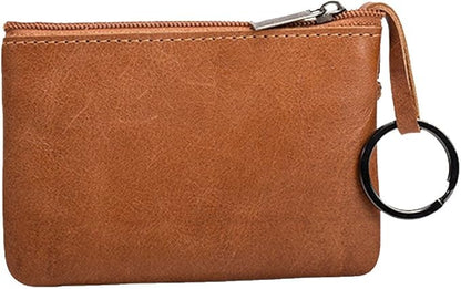 Hibate Brown Small Leather Coin Purse Change Pouch for Women Men Kids with Zip Key Ring