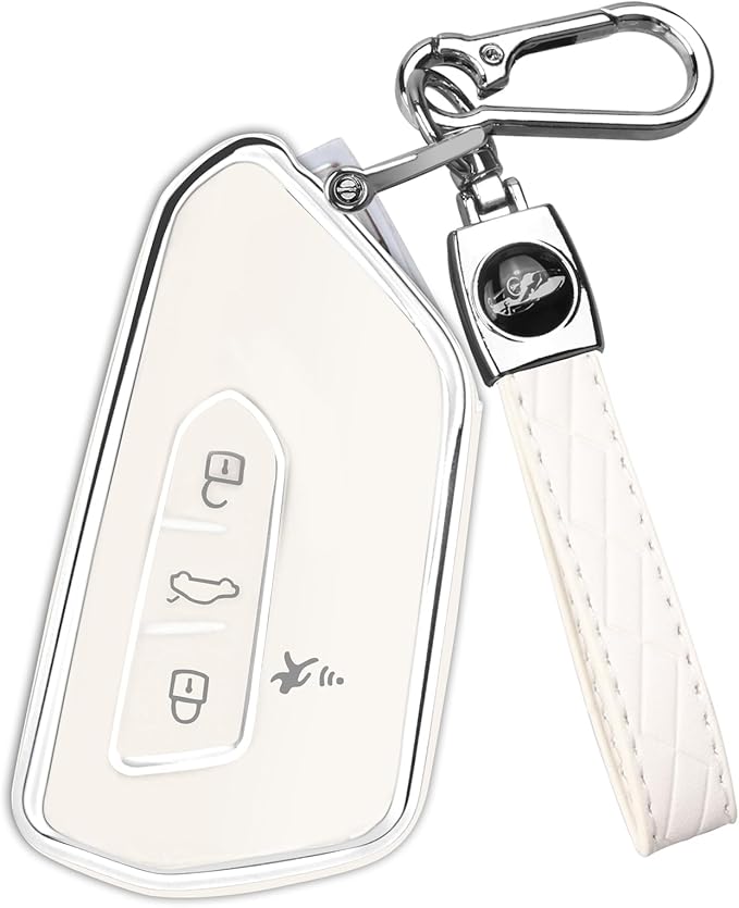 FT FUNTOR Key Fob Cover for Volkswagen,Soft TPU Full Protection Case Compatibale With VW Golf GTI Atlas Skoda Octavia ID3 ID4 MK8 (White, 4 Buttons)