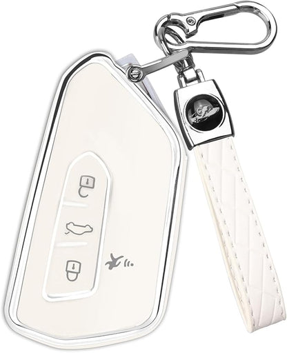 FT FUNTOR Key Fob Cover for Volkswagen,Soft TPU Full Protection Case Compatibale With VW Golf GTI Atlas Skoda Octavia ID3 ID4 MK8 (White, 4 Buttons)