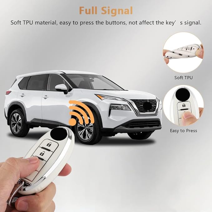 PIFOOG Key Fob Cover for Nissan 4 Button Murano Sentra Altima Rogue Kicks Armada Pathfinder Car Accessories TPU Smart Keys Case Shell Cute Bling Keychain Girly Women White
