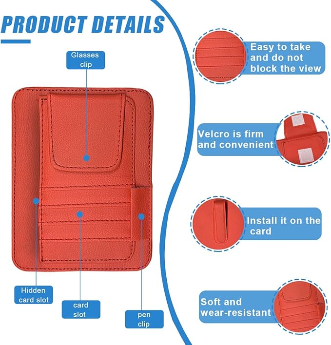 Small Leather Car Sun Visor Organizer - Multifunctional Car Interior Sunglass Holder Auto Visor Document Holder - Auto Card Sleeve Pocket Pouch Organizer for Driving License Registration Pen (Red)