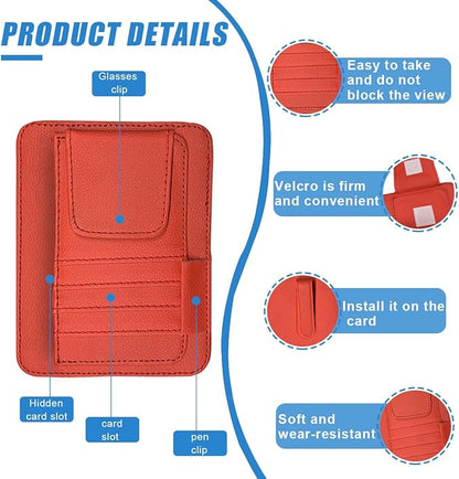 Small Leather Car Sun Visor Organizer - Multifunctional Car Interior Sunglass Holder Auto Visor Document Holder - Auto Card Sleeve Pocket Pouch Organizer for Driving License Registration Pen (Red)