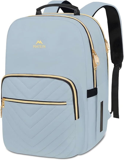 MATEIN 15.6 Laptop Backpack, Quilted Cute Slim Backpacks for Women with Luggage Strap & Leather Handle, Lightweight Fashion Travel Computer Bag Padded Sturdy Casual Daypack for Office, Business, Blue