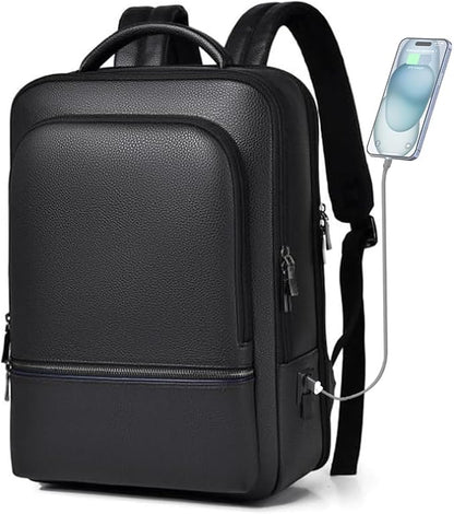 CHAO RAN Leather Laptop Backpack for Men Fit 15.6 Inch Laptop, Business Work Office College Medium Backpack with USB Charging Port, Waterproof Black Travel Bag (Black01)