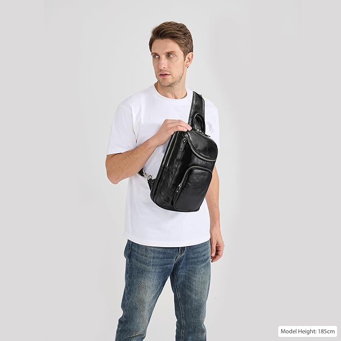 LANNSYNE Vintage Full Grain Leather Sling Bag Crossbody Chest Daypack | Vintage, Full Grain, Leather, Chest