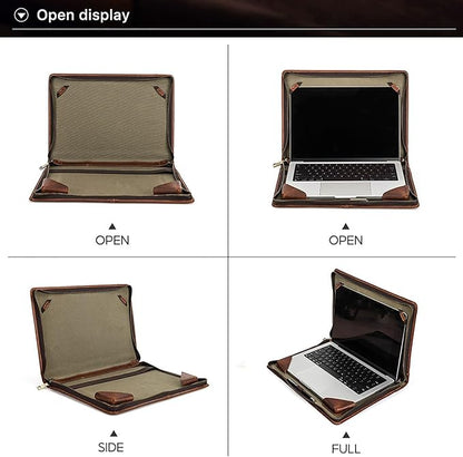 Top Grain Leather 16.2" Slim Laptop Zipper Folio Case Bag, Handmade & 2 Pockets, Compatible with MacBook Pro 16.2" A2485 M1 Max 15" Touch Bar A2141 A1707 Pro 16" Touch ID, Brown 16.2 Inch