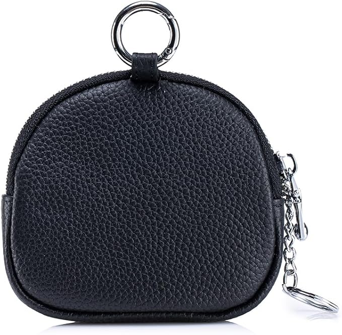Genuine Leather Coin Purse with Keychain Clip Dual Zipper Mini Wallet Small Cute Pouch for Women & Men Compact Card Holder Wallet Key Holder (Black)