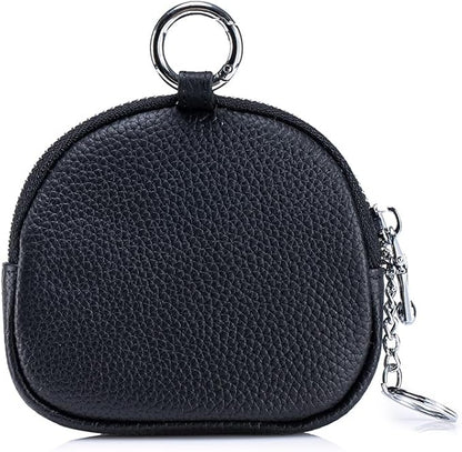 Genuine Leather Coin Purse with Keychain Clip Dual Zipper Mini Wallet Small Cute Pouch for Women & Men Compact Card Holder Wallet Key Holder (Black)