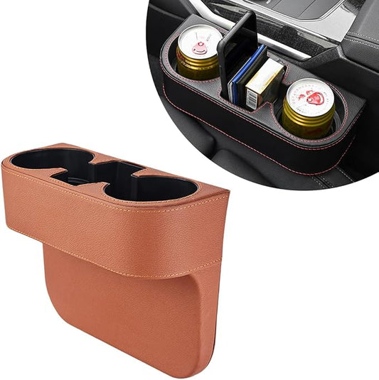 DXNQ Car Cup Holder Gap Filler Organizer, Multifunctional Auto Front Console Gap Filler with Cup Holder, Leather Extra Cup Holder Storage Box for Car Truck SUV, Car Accessories (Brown)