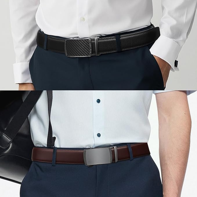 Founders & C Mens Belt 2 Pack,Leather Ratchet Click Belt Dress with Slide Buckle 1 3/8" in Gift Set Box- Size Adjustable