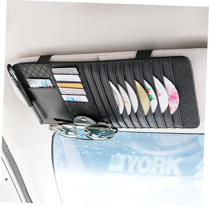GLEAVI Multi-Functional Sun Visor Leather Organizer Bag for Car Premium Storage for Pens and Cards Stylish Vehicle Accessory Black