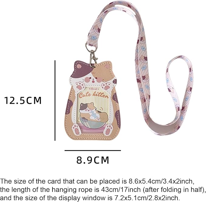 Cute Badge Holder Lanyard Cartoon Cat ID Card Holder Kawaii ID Badge Keys Lanyard Strap Neck Lanyard PU Leather Badge Holder for Women Girls Boys (Cat-1)