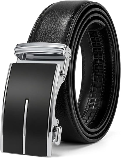 JINIU Men's Ratchet Belt Buckle, Black Genuine Leather Slide Belt for Men Dress Suit, Micro Adjustable Trim to Fit Boxed