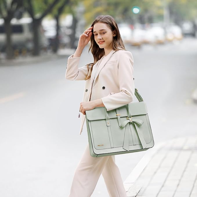 MOSISO Laptop Bag for Women, 15-15.6 inch PU Leather Laptop Shoulder Bags Convertible Backpack, 16 inch Messenger Bags Casual Handbag Work Briefcase Travel Computer Bag with Bowknot, Sage Green