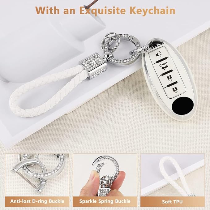 PIFOOG Key Fob Cover for Nissan 4 Button Murano Sentra Altima Rogue Kicks Armada Pathfinder Car Accessories TPU Smart Keys Case Shell Cute Bling Keychain Girly Women White
