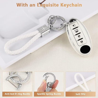PIFOOG Key Fob Cover for Nissan 4 Button Murano Sentra Altima Rogue Kicks Armada Pathfinder Car Accessories TPU Smart Keys Case Shell Cute Bling Keychain Girly Women White
