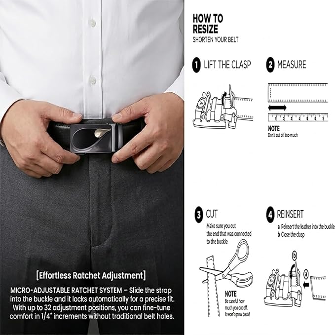 JINIU Men's Ratchet Belt Buckle, Black Genuine Leather Slide Belt for Men Dress Suit, Micro Adjustable Trim to Fit Boxed
