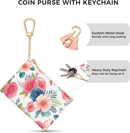 Watercolor Floral Keychain Coin Purse for Women, Small PU Leather Change Pouch, Zipper Little Tiny Travel Wallet for Girls, Cute Kawaii Zip Pocket Coin Holder with Key Ring