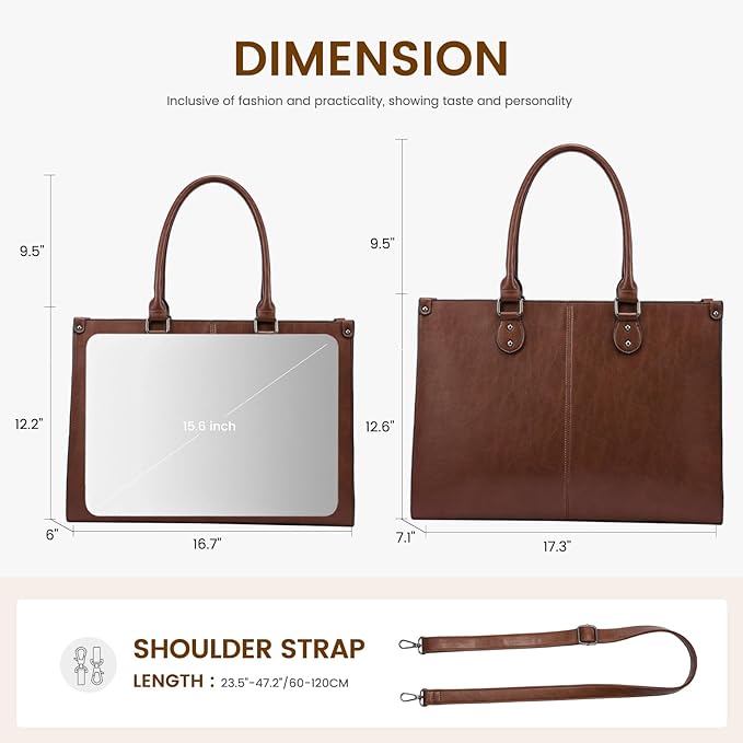 LOVEVOOK Laptop Tote Bag for Women, 15.6 Inch Large Capacity Vintage Leather Work Computer Bag, Business Casual Shoulder Handbag, Chestnut Brown