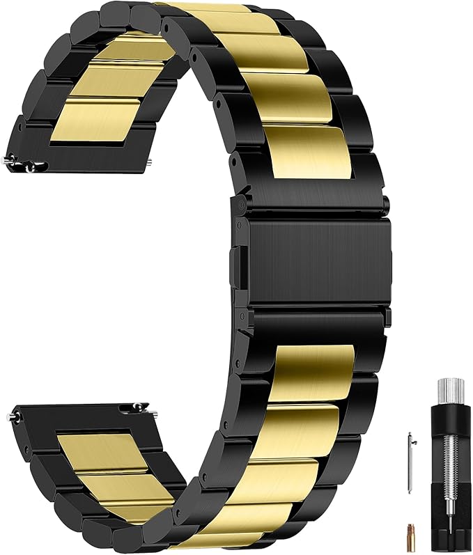 Fullmosa 20mm Stainless Steel Watch Band, Quick Release Metal Replacement Strap with Removable Links, Includes Spring Bars & Link Removal Tool for Men Women (Black+Golden)