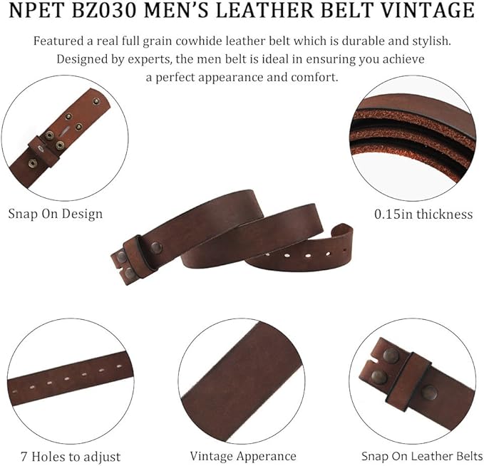 NPET Men's Full Grain Leather Belt Vintage Distressed Style with Snap-On Strap 1 1/2" Wide without Buckle