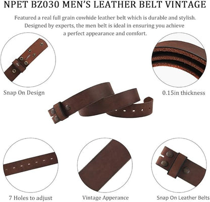 NPET Men's Full Grain Leather Belt Vintage Distressed Style with Snap-On Strap 1 1/2" Wide without Buckle